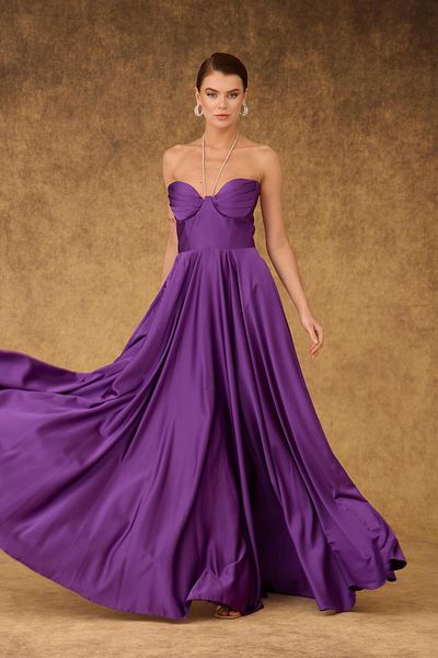 Carmen Rochie De Seara Lungi Fara Bretele De Satin Mov Si Rochie De Invitatie