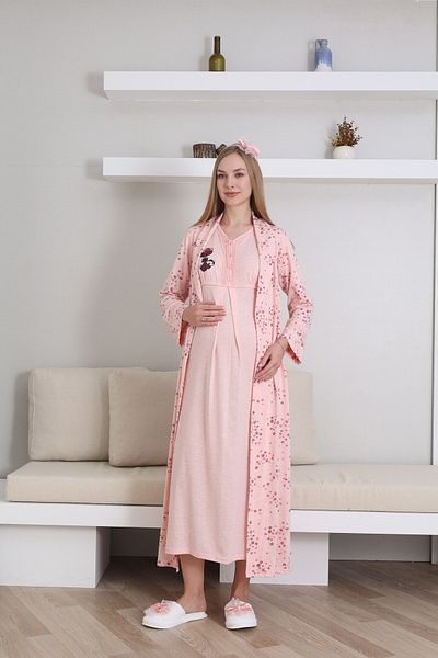 ERDENİZ TEKSTİL Floral Dressing Gown Short Sleeve Button Collar Maternity- Pregnant Women's Nightgown Set of 2