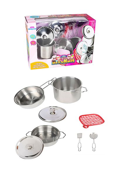 hediyecik Toy Metal Cookware Pan Kitchen Utensils Set Stainless Steel 8 Pieces