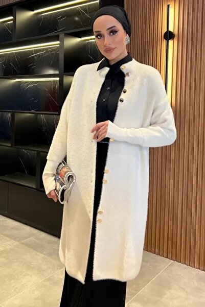 Safgiyim44 Cream Women's Plush Soft 3 Thread Double Buttoned Hijab Cardigan