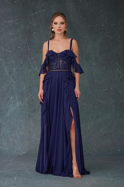 Carmen Navy Blue Flounced Evening Dress with Lace Slit on the Top
