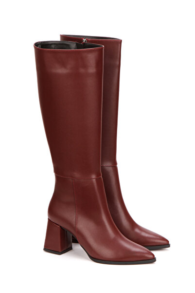 ÜNAL ÖZER Dámské bordó kožené kozačky se špičatou špičkou na silném podpatku Un001-0132