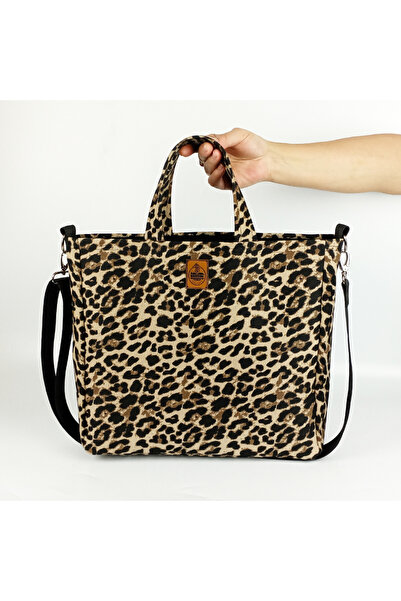 woodycord Leopar Desenli Büyük Boy Gabardin Tote Çanta
