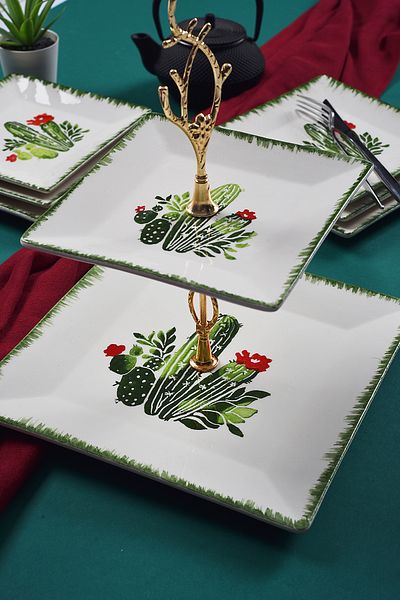 Piatti Naturali Double Layer Ceramic Cactus Pattern Cookie Dish Snack Two Layer Presentation Plate Serving Set Catering
