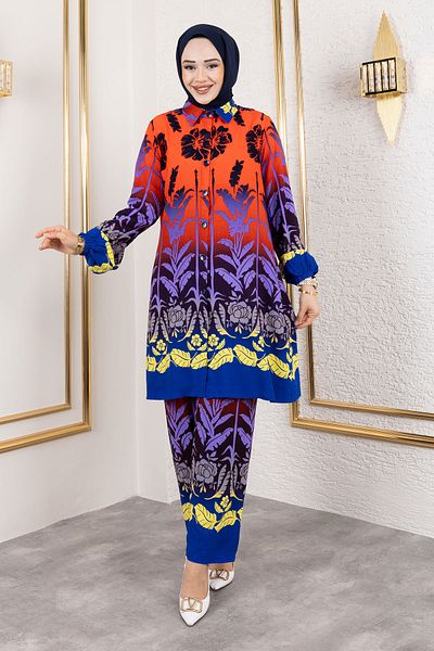 Tesettür Dünyası Orange Viscose Suit - Colorful Floral Pattern Tsd 250111