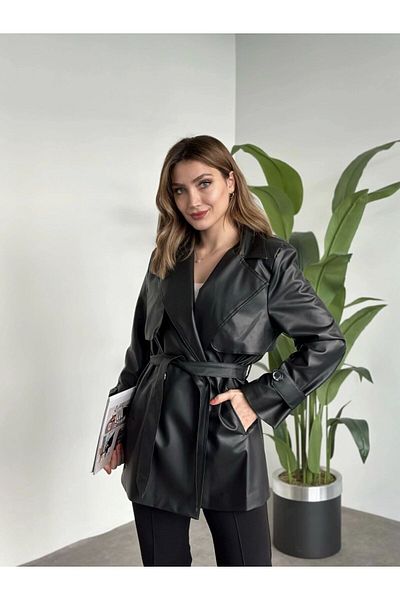 VESS MODA Black Faux Leather Double Breasted Collar Women's Trench Coat
