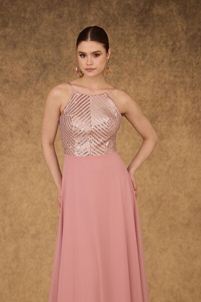 Carmen Dlouhé večerní šaty z šifonu s pudrovými flitry