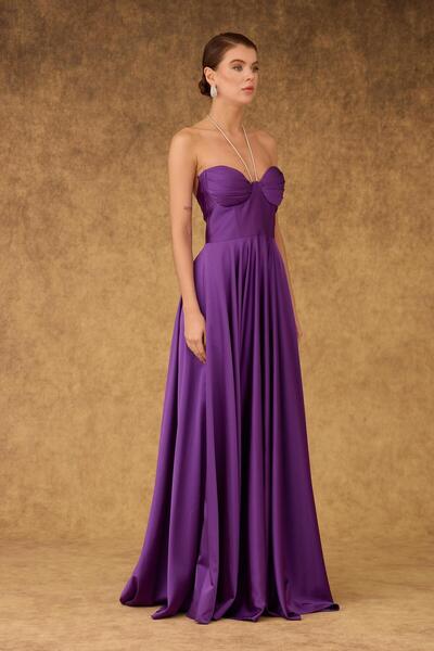 Carmen Mor Saten Straplez Uzun Abiye Elbise ve Davet Elbisesi