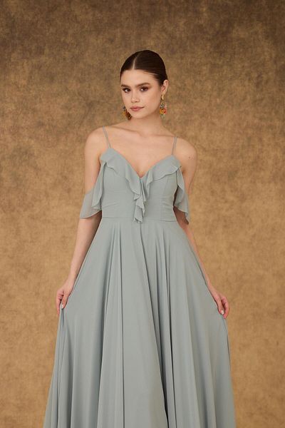 Carmen Μακρύ βραδινό φόρεμα Çağla Chiffon Chest Flounce