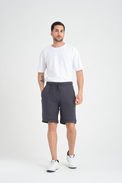 Valiberta Hafif Ve Rahat Duble Paça Müslin Erkek Şort - Füme