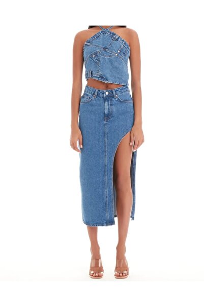 pass&pass 2094 Kadın Likrasız Yandan Yırtmaçlı Jeans Kot Denim Etek - Mavi