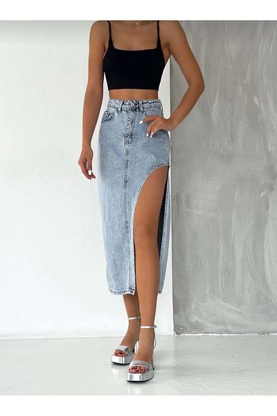 pass&pass 2094 Women's Jeans Denim Skirt - Side Slit, Lycra Free - Snow