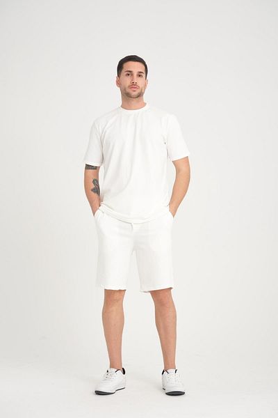 Valiberta Ecru Double Sleeve Slit Cotton T-shirt and Shorts Set - Two Thread
