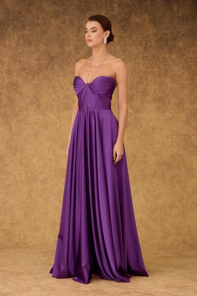 Carmen Mor Saten Straplez Uzun Abiye Elbise ve Davet Elbisesi