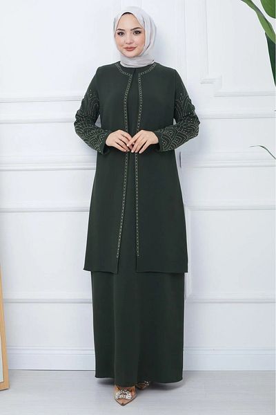 ELBİSHE Mother's Dress with Stone Detail on Sleeves