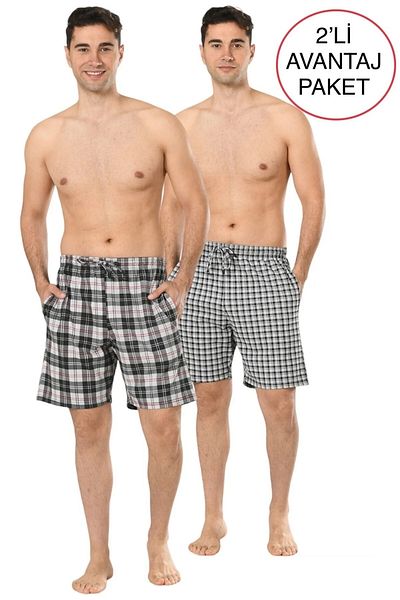 ByDon Men's Cotton Plaid Shorts - Double Pockets, Cord, 2-Piece Advantage, 1 Black, 1 White