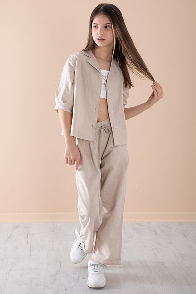 Cansın Mini Beige Half Sleeve Girl's 3-Piece Cropled Suit 20324