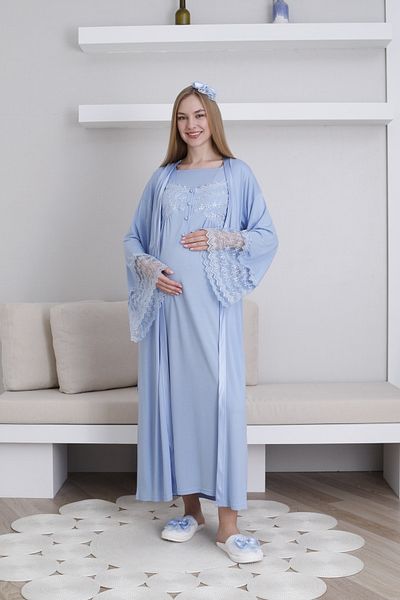 ERDENİZ TEKSTİL طقم من قطعتين للأمهات الحوامل مع ثوب نوم بأكمام مزين بالدانتيل وتفاصيل للرضاعة الطبيعية