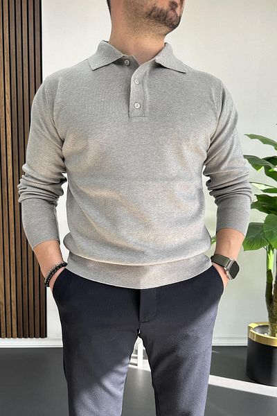 Edwox Polo Neck Gray Men's Sweater - Buttoned, Edw231