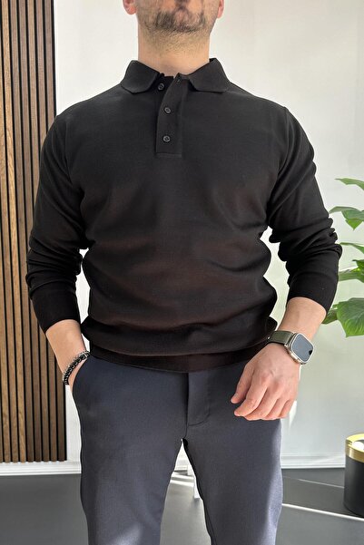 Edwox Polo Neck Men's Sweater - Button, Black, Edw231