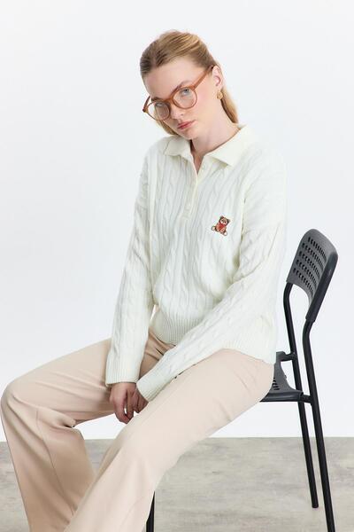 Rays Pulover tricotat cu broderie ursuleț ecru 24387