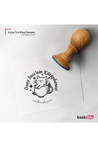 Baskı Life Kedi Fincan Kişiye Özel Kitap Damgası Kitap Mührü Kaşe Kitap Mühür...