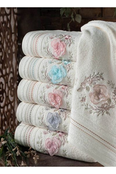 Fiesta Home Fiesta Embroidered Mother and Daughter 50X90 (6 Pieces) 30X50 (6 Pieces) Cream Cotton Towel Set