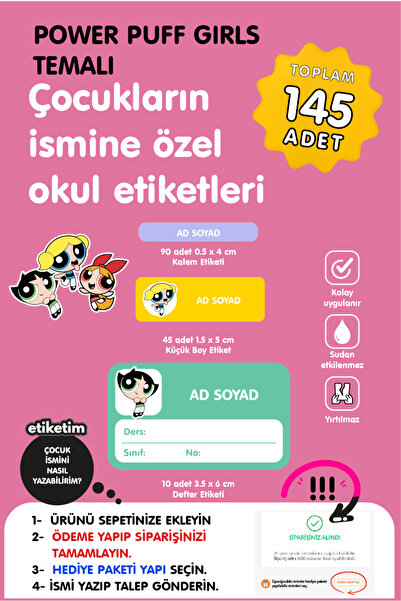 ETİKETİM Etiketim Power Puff Girls Temalı İsme Özel Okul Etiketi