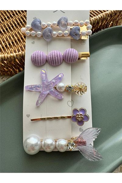 Pelin Aksesuar Σετ 5 Πόρπες Λιλά Fishtail Heart Star