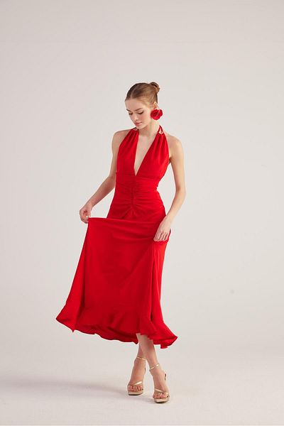 HOLLY LOLLY Red Long Singa Dress - Halter Neck