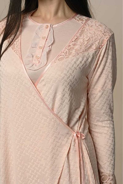 Lohussa Women's Pink Patterned Double Breasted Special Design Short Sleeve Cotton Maternity Dressing Gown Pajama Set Set