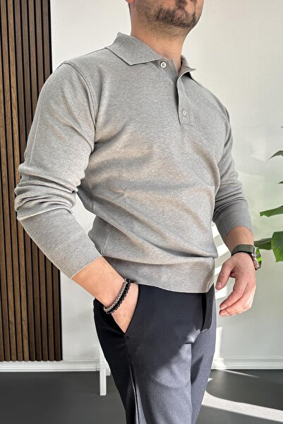 Edwox Polo Neck Gray Men's Sweater - Buttoned, Edw231