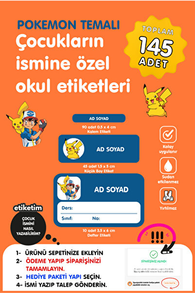 ETİKETİM Etiketim Pokemon Temalı İsme Özel Okul Etiketi