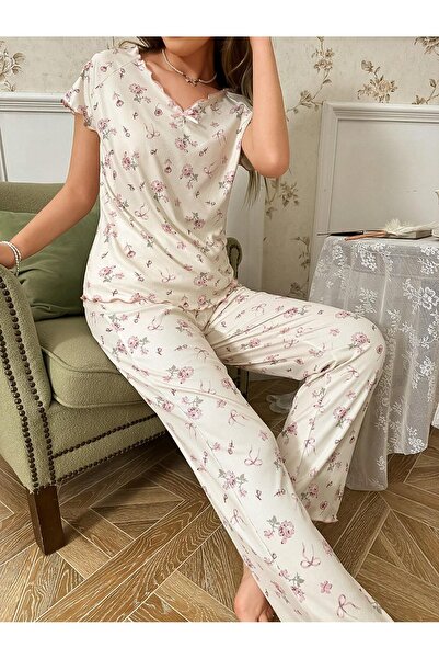 BELLA NOTTE Pamuklu Çiçek Desenli Fırfırlı Kısa Kolu Pijama Takımı