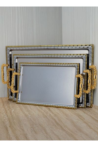 ALSAIF طقم صواني تقديم من 3 قطع، تصميم عصري وأنيق يضفي لمسة مميزة على أي مساحة، ذهبي/فضي