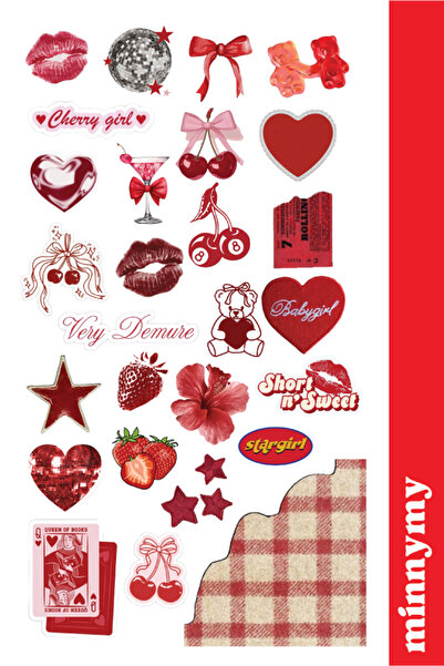 Minnymy Red Collection Vintage Sticker, Çıkartma, Ajanda, Günlük, Planlayıcı, Bullet Journal , Scrapbook