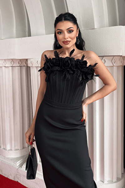 giyimmasalı Atlas Kumaş Balenli Gül Detaylı Kalem Elbise - SİYAH