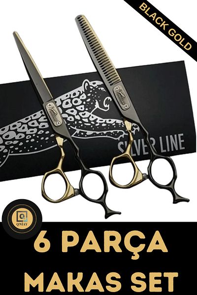 QNİAY 6-Piece Black-Gold Hair Cutting Scissors Set - Straight and Intermediate Shaving Hairdresser Barber