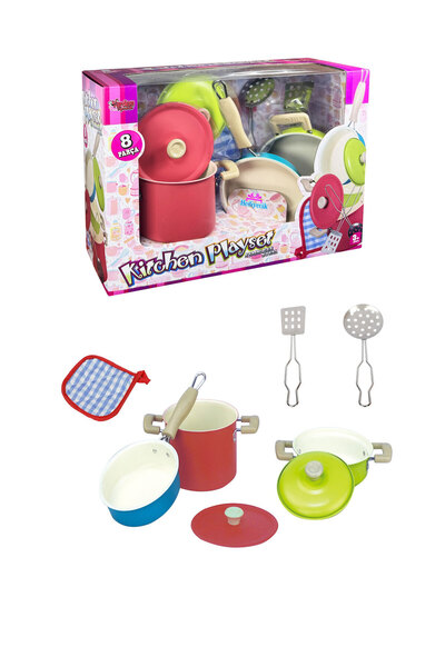 hediyecik Oyuncak Renkli Metal Tencere Tava Mutfak Gereçleri Seti 8 Parça Pas...