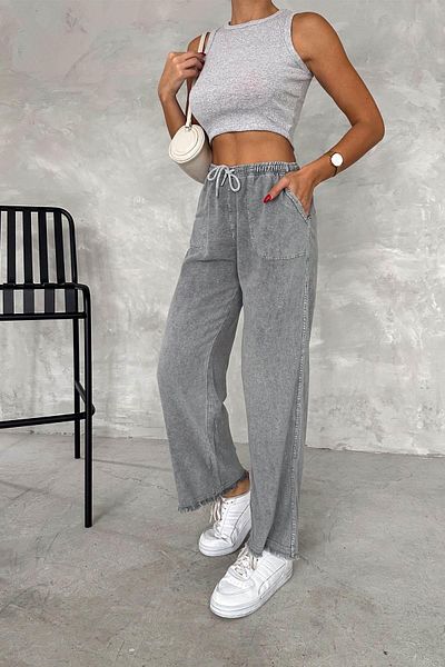 İstangül Butik Wide Leg High Waist Wash Pattern Linen Trousers