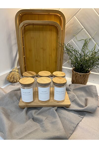 Sade Hediye 6-Piece Bamboo Vacuum Lid Glass Spice Rack/Suction Stand