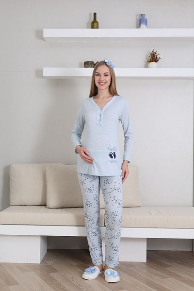ERDENİZ TEKSTİL Set de pijamale din bumbac pentru femei gravide, cu guler cu nasturi, maneci lungi