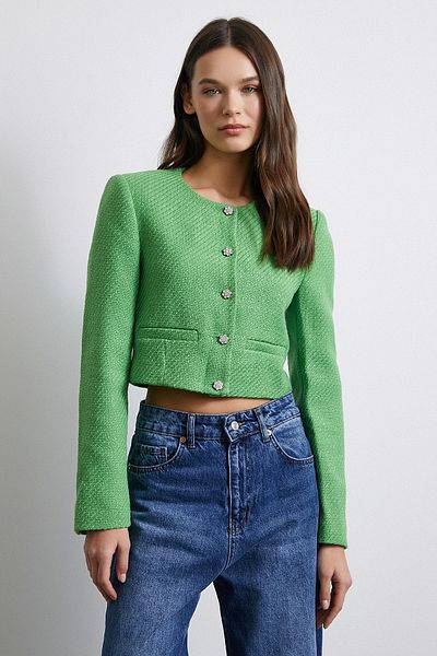 Never more Buttoned Tweed Jacket with Pocket Detail Pistachio Green