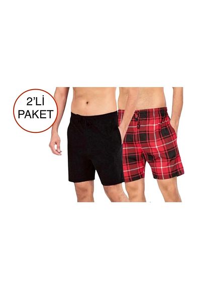 ByDon Men's Plaid Cotton Shorts - Double Pockets, Cord, 2-Piece Advantage, 1 Black, 1 Red