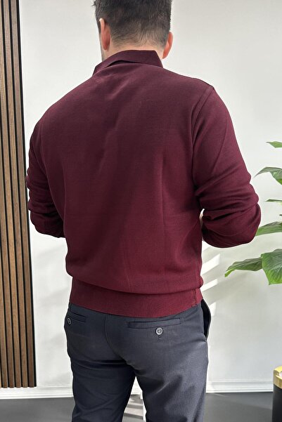 Edwox Claret Red Men's Polo Neck Sweater - Buttoned, Edw231