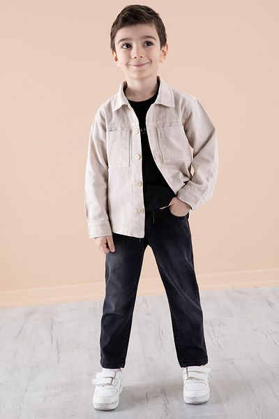 Cansın Mini Cream Jean Jacket Text Printed Boys' Trousers 3 Piece Suit 20311