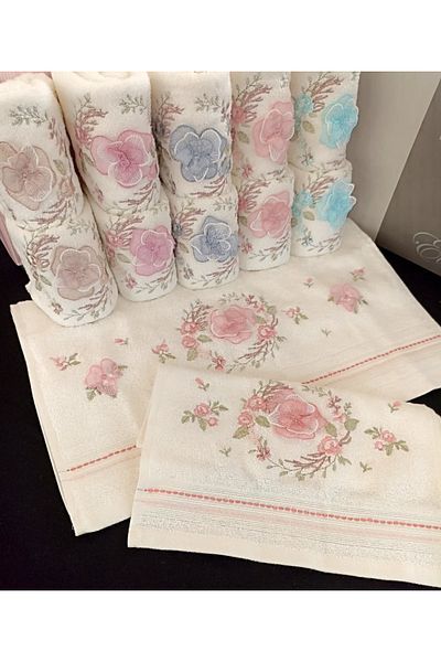 Fiesta Home Fiesta Embroidered Mother and Daughter 50X90 (6 Pieces) 30X50 (6 Pieces) Cream Cotton Towel Set