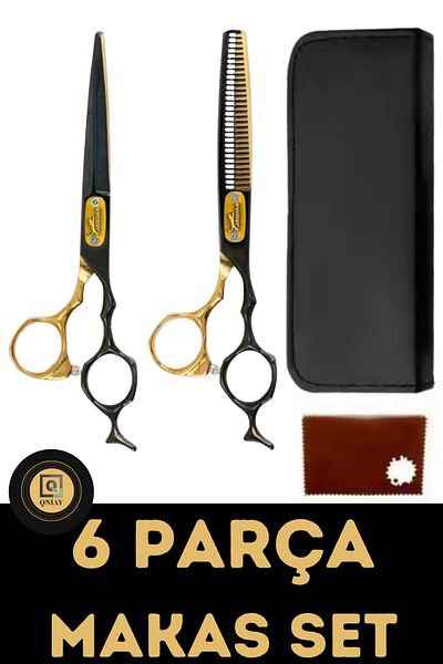 QNİAY 6-Piece Black-Gold Hair Cutting Scissors Set - Straight and Intermediate Shaving Hairdresser Barber