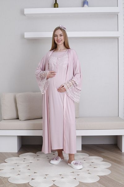 ERDENİZ TEKSTİL Maternity-Maternity 2-Piece Set with Laced Sleeves and Breastfeeding Detail Nightgown