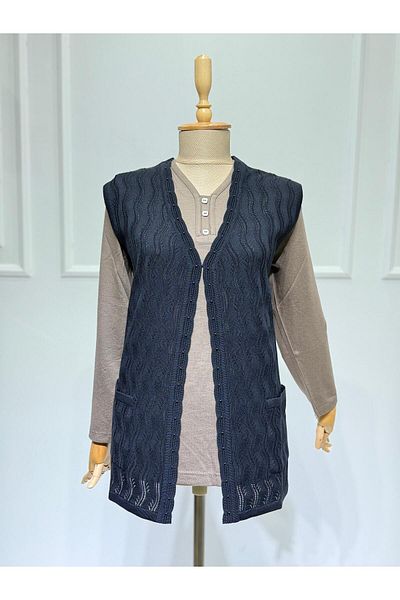 ModaMinar Knitwear Openwork Pockets And Buckle Oversized Mother Vest